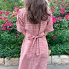 2022 New Summer Women's Dresses Square Collar Plaid High Waist Vintage Casual Fashionable Lace Up Sweet Pink Long Dress DR1965 ► Photo 2/6