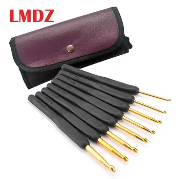 

LMDZ 9Pcs/Set 2.0-6.0mm DIY Handcraft Hook Crochet Knitting Needles Soft Handle Golden Sewing Accessories Black With Bag