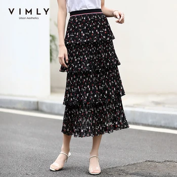 

Vimly 2020 Summer Women Black Floral Chiffon Skirt Vintage OL Style High Waist Slim Fit Multilevel Female Long Skirt 97282