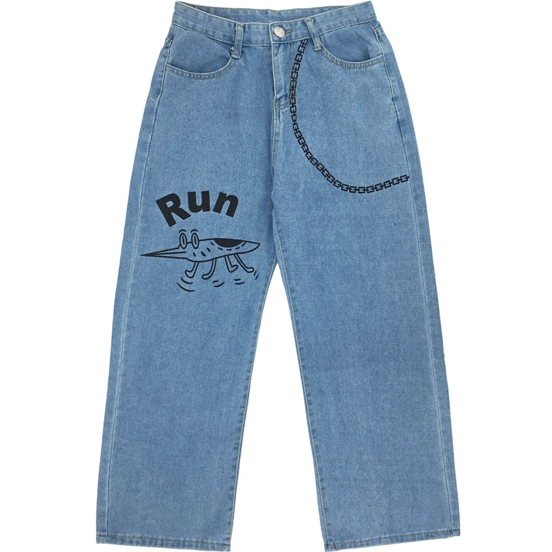 Harajuku Jeans Female Vintage Wash Women Fashion Chain Loose High Waist Cartoon Print Casual Trousers | Женская одежда