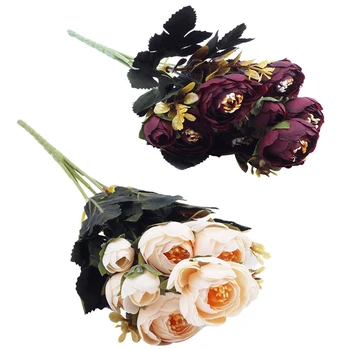 

2 Bouquet 9 Head Artificial Silk Cloth Fake Flowers Leaf Peony Floral Home Wedding Party Decor Beige & Red