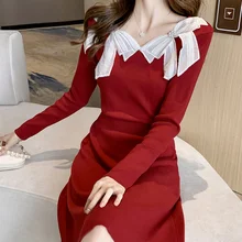 Dzianinowa czerwona długa sukienka elegancka damska sukienka z długimi rękawami 2021 jesienna koreańska opaska Vintage Designer podkreślająca figurę sukienka swetrowa tanie tanio A-LINE CN (pochodzenie) Jesień V-neck REGULAR Łuk Pani urząd Do połowy łydki COTTON POLIESTER Dla osób w wieku 18-35 lat