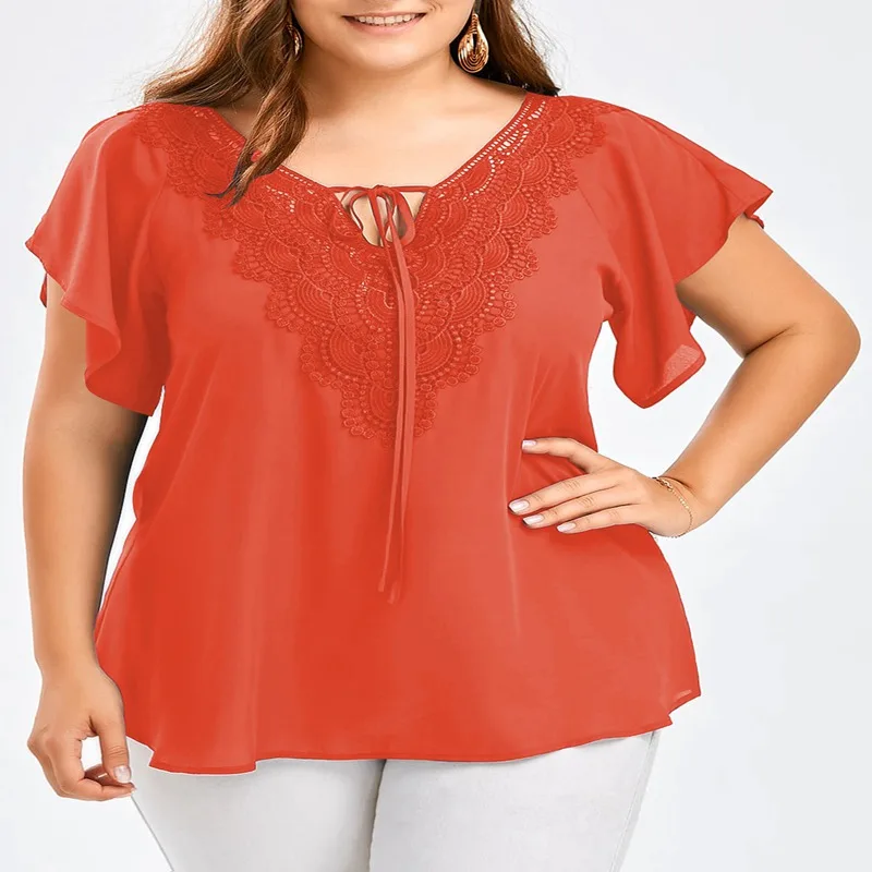 Летние Новые Большие размеры 4XL 5XL 6XL 7XL 8XL v-образный вырез и юбка-годе рукав короткий рукав Футболка кружевная строчка рубашка женская бюст 131 см