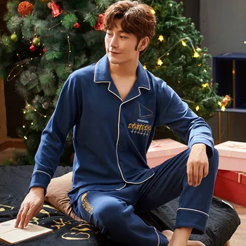 

Men Intimate Lingerie Long Sleeve Pajamas Suit Cotton 2PCS Sleep Set Lapel Home Clothes Pyjamas Casual Homewear Sleepwear