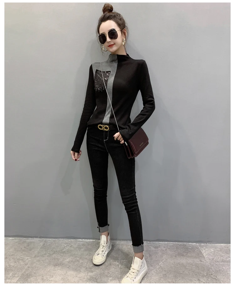Blusas Mujer De Moda, Корейская тонкая рубашка с длинным рукавом для женщин, модные офисные женские топы, повседневные топы с круглым вырезом и стразами 7840 50