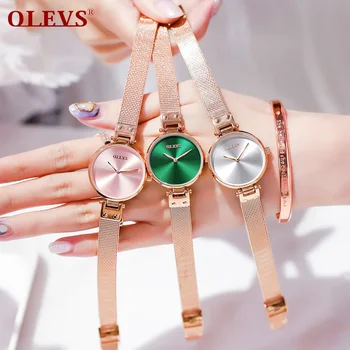 

OLEVS Watch Women with Bracelet Set Luxury Top Brand Rose Gold Mesh Quartz Waterproof Green Dial female relogio feminino relojes