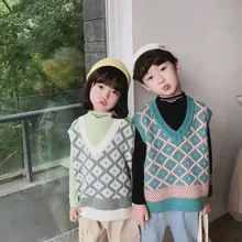 Коллекция года, осенний стильный Детский свитер, жилет Жилетка из ангорской пряжи Детский свитер с узором из ромбов, жилет в Корейском стиле