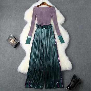 

Autumn 2019 new European and American women's wear Long sleeve v-neck bright silk sweater Velvet sequined trousers Fashion suits