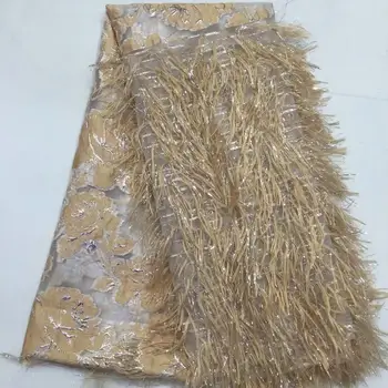 

(5yards/pc) fashion gold African French net lace fabric sequins tassels lace fabric with embroidery for party FD-127