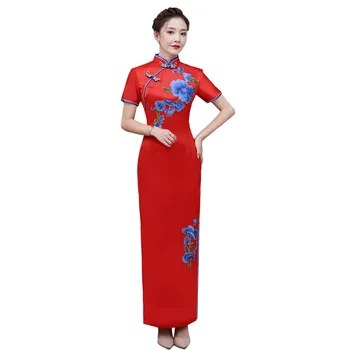 

Red Sexy Womens Long Cheongsam Traditional Chinese style Short Sleeve Dress Qipao Slim Party Dresses Button Vestido S-5XL