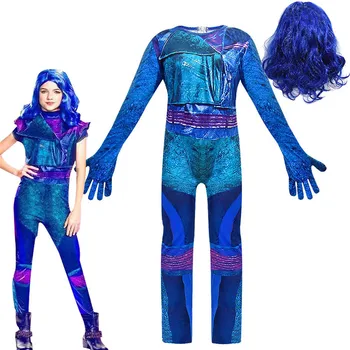 

2019 new cosplay Descendants 3 Evie child blue Onesies Tights wig Suit Halloween Makeup Party Costume Set