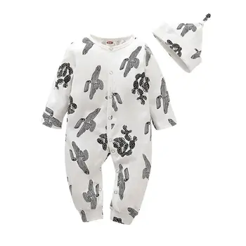 

Baby Kids Clothes Long Sleeve Fashion Casual Spring Autumn Cactus Printing Rompers And Hat Kids 2pcs/set Outfit Set
