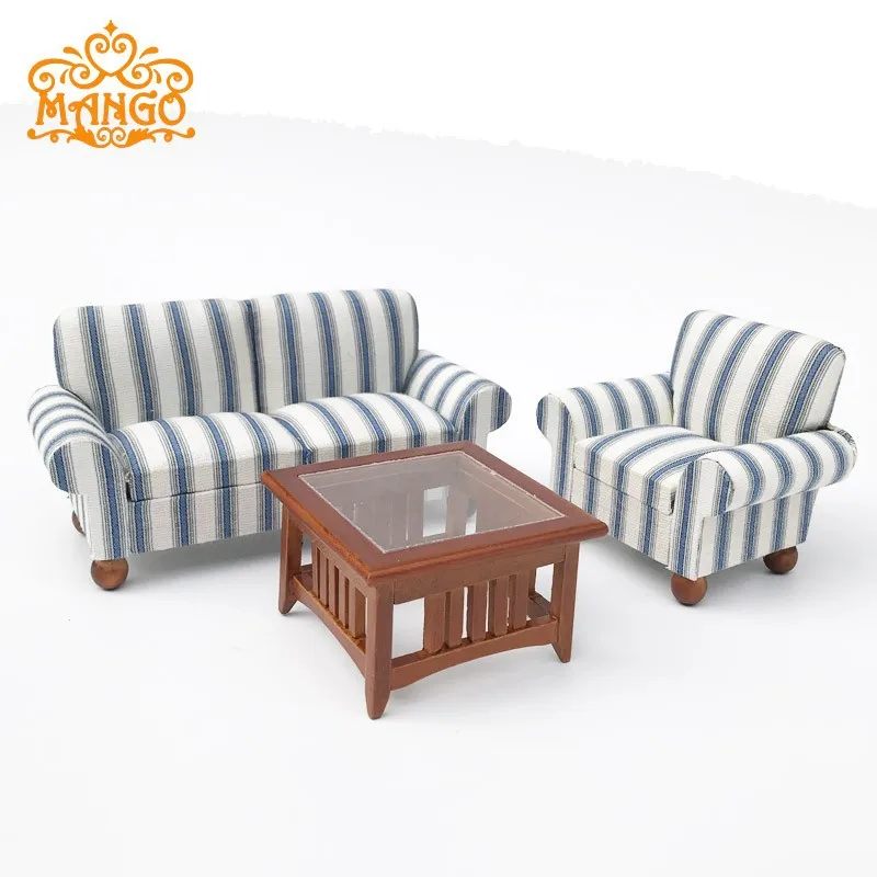  1: 12 Dollhouse Mini Boutique Furniture Model Fabric Living Room Sofa Band Teapoy Table 3 Pieces