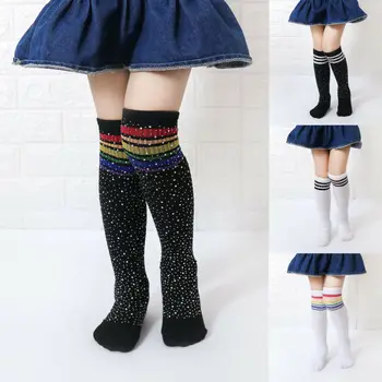 

3-12 Years Girls Stripe Knee Length Stockings Kids Diamond Long Tights Hoses Girls Black White Children Kids Pantyhose Stockings