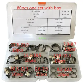 

Free shipping Pipe Clamp High Quality 80Pcs one set 304 Stainless Steel Single Ear Stepless Hose Clamps Assortment Kit