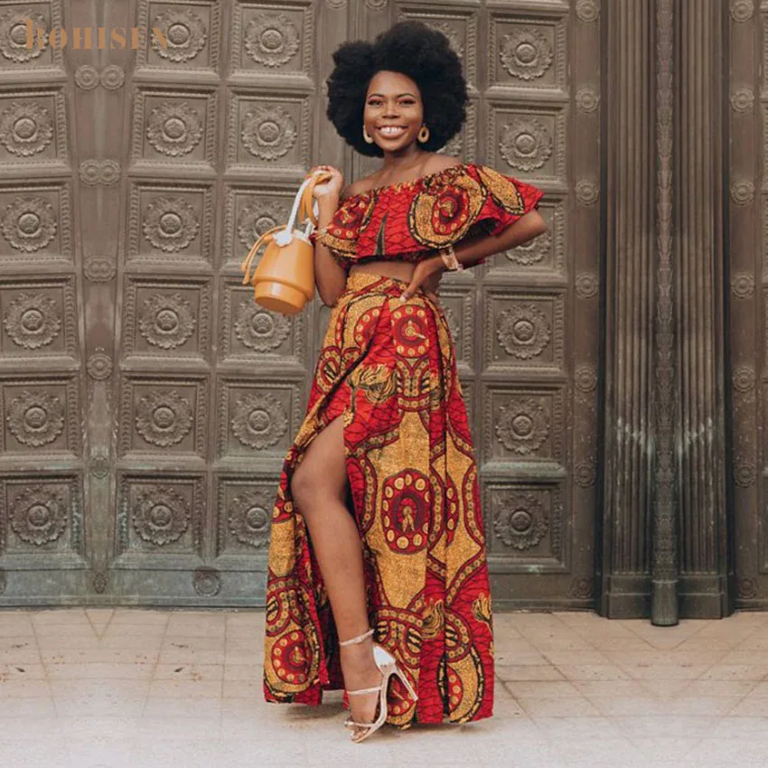 BOHISEN Dashiki African Clothes For Women Bazin Ankara Dresses Clothing Suits Short Sleeve African Print Women Dresses