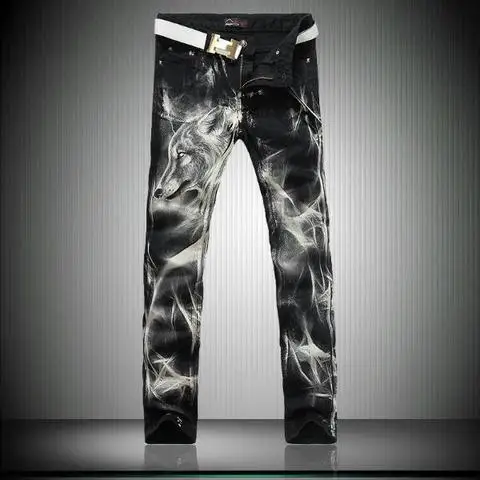 

Fashion Big Size Mens Printed Jeans 28 38 Black Stretch Slim Fit Painted Wolf Print Night Club Singers Trousers