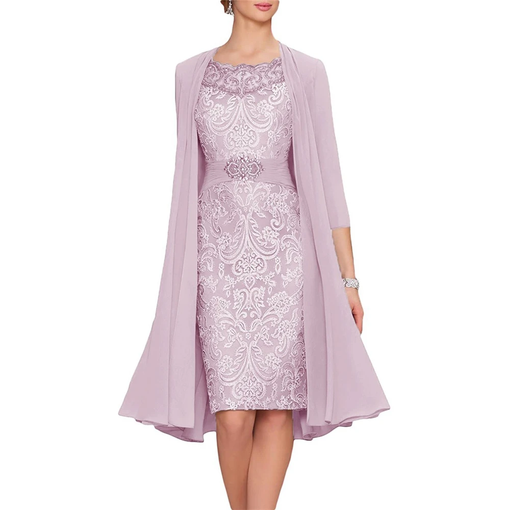 Amazing Blue Dinner Dresses For Women 3/4 Sleeves Knee-Length Appliques Beading Ruffles Mother Of The Bride Dresses With Jacket
