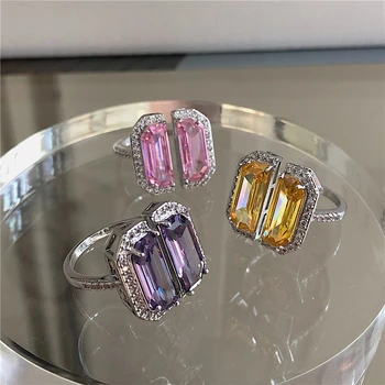 

AOMU 2020 New Korean Geometric Square Colorful Crystal Rhinestone Luxury Fashion Opening Ring for Women Wedding Jewelry Gifts