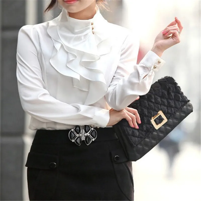 Женская блузка с длинным рукавом и воротником стойкой размеры до XXXL|blouse xxxl|ruffle