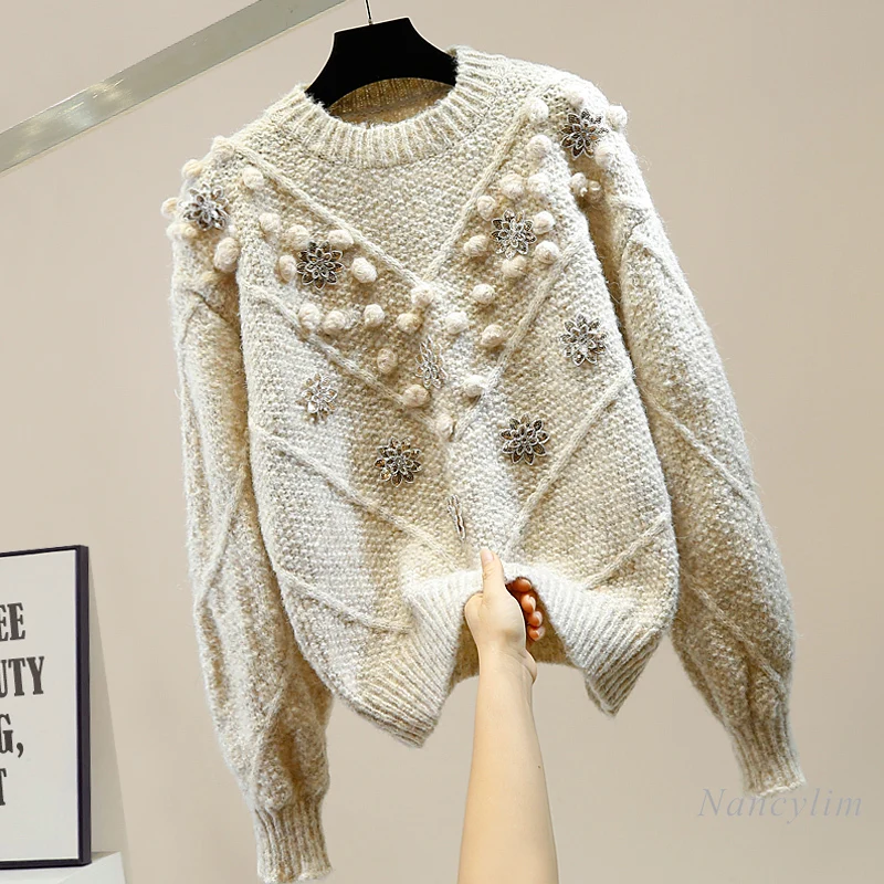 

2020 Autumn Winter Embroidery Sequins Sweet Flower Ball Decoration Loose Round Neck Pullover All-Match Sweater for Women Women