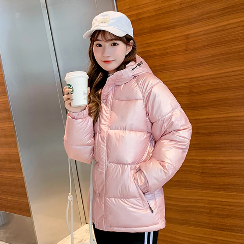 

2019 Winter Women Regular Jacket Female Shining Fabric Parka Hooded With Stand-Up Collar Autumn Warm Coat Cotton Padded