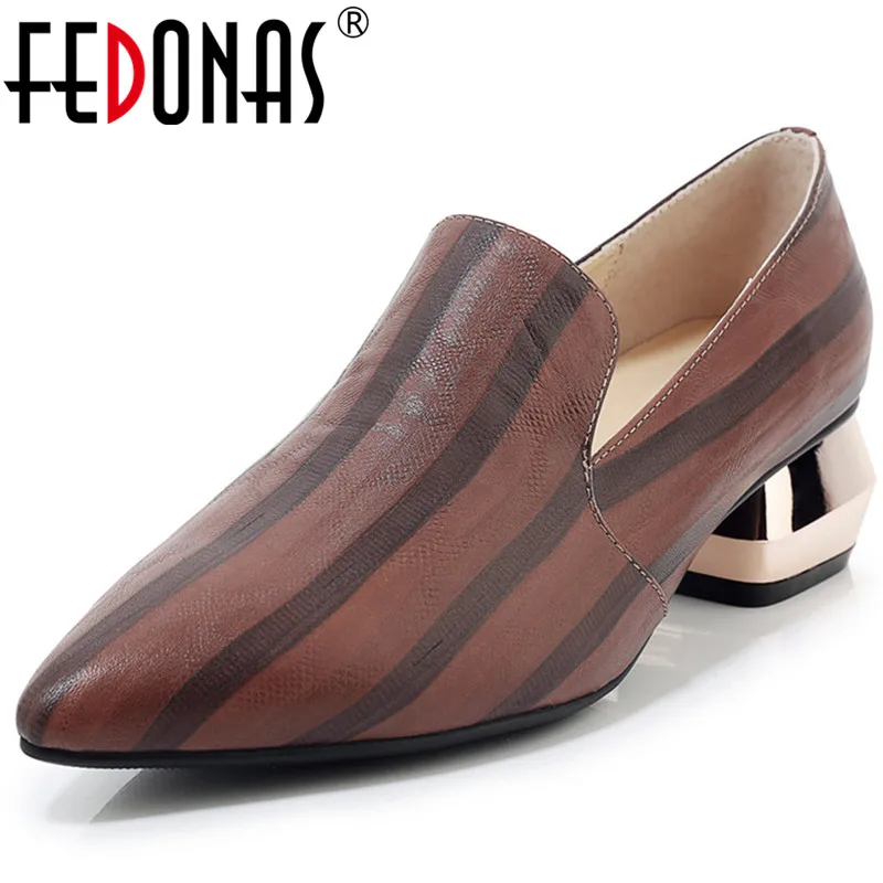 

FEDONAS Spring Concise Prints Quality Genuine Leather Women Shallow Pumps Fashion High Heels Rome Female Newest Strange Heels