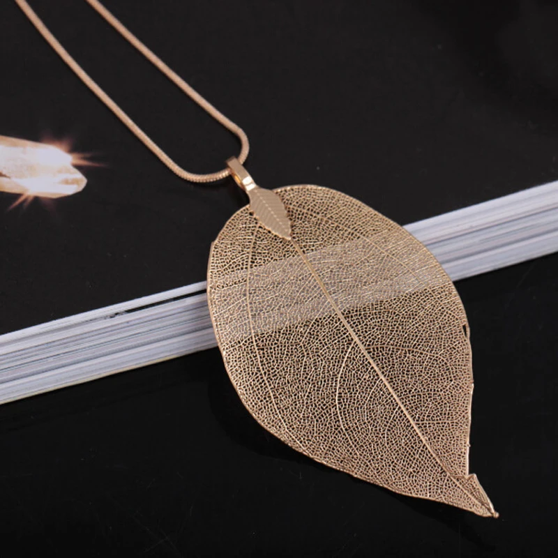 Fashion Jewelry Maxi Necklace Rose Gold Color Chain Real Leaf Charm Design Pendant Necklaces & Pendants Women collier femme Gift