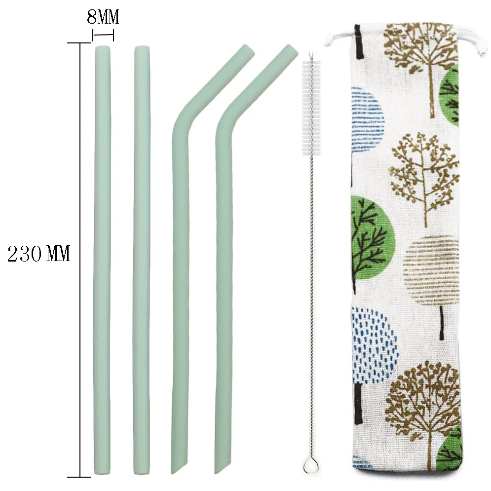 grass green no.2 Silicone Drinking Straw Set Reusable Long Flexible Straw Smoothie Juice Straw Colorful Straw With Cleaning Brush Bar Party Straw - Цвет: grass green no.2