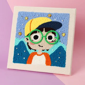 

Boys Girls DIY Knitting Wool Rug Hooking Kit Handcraft Woolen Embroidery Gift with 26 x 26cm Solid Wood Frame Punch Needle