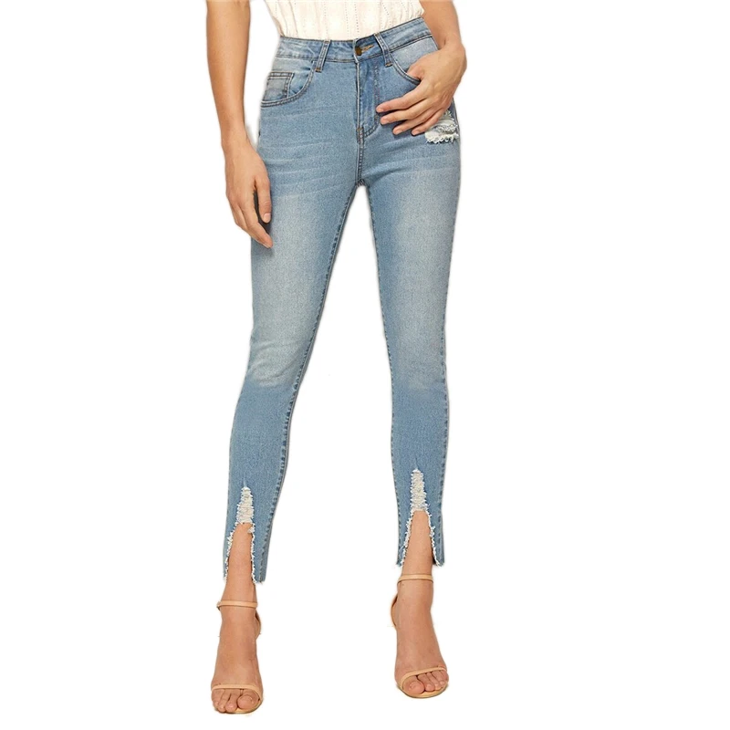 COLROVIE синий необработанный край выцветшие узкие джинсы женские осень уличная Кнопка летают рваные джинсы Женские однотонные повседневные джинсовые брюки
