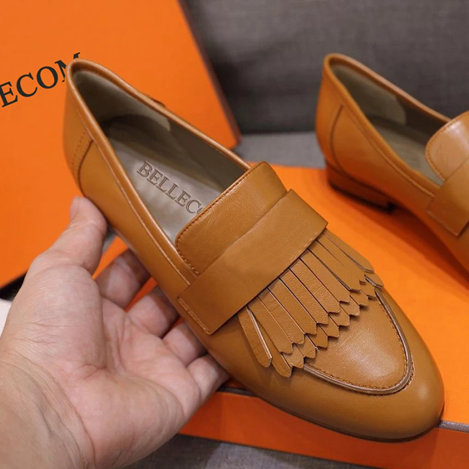 

BELLECOM Fall 2019 New Genuine Leather Flat-soled Shoes Female Leisure Liquids Shallow Carrefour Shoes Single Shoes