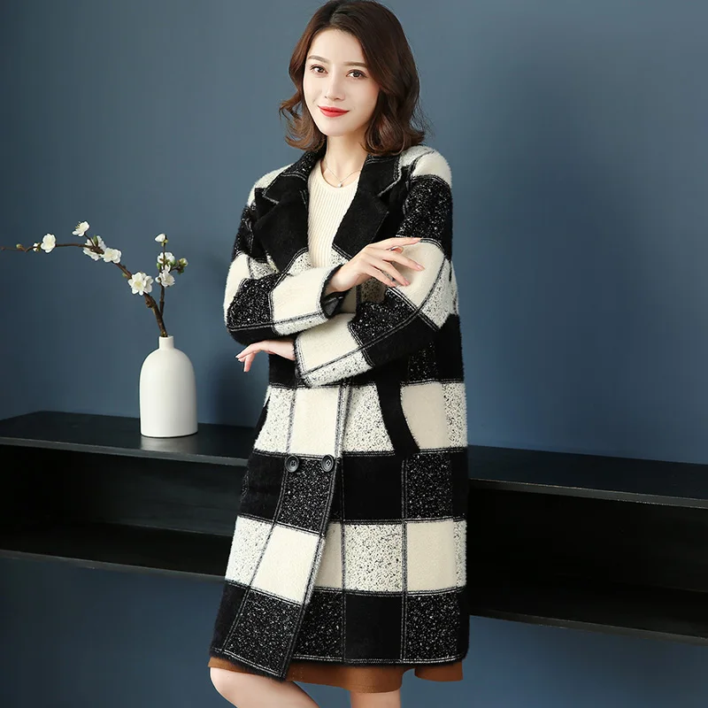 2XL Brand Coat Autumn Winter Women Coat New Classic Striped Lapel Coat Thicken Warm Loose Wild Casual Long Coat Female