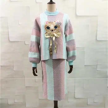 

2019 Autumn Winter Fashion New Pattern Women Stripe Cartoon Pattern Knitting Pullover+Half Body Skirt Two Piece Suit