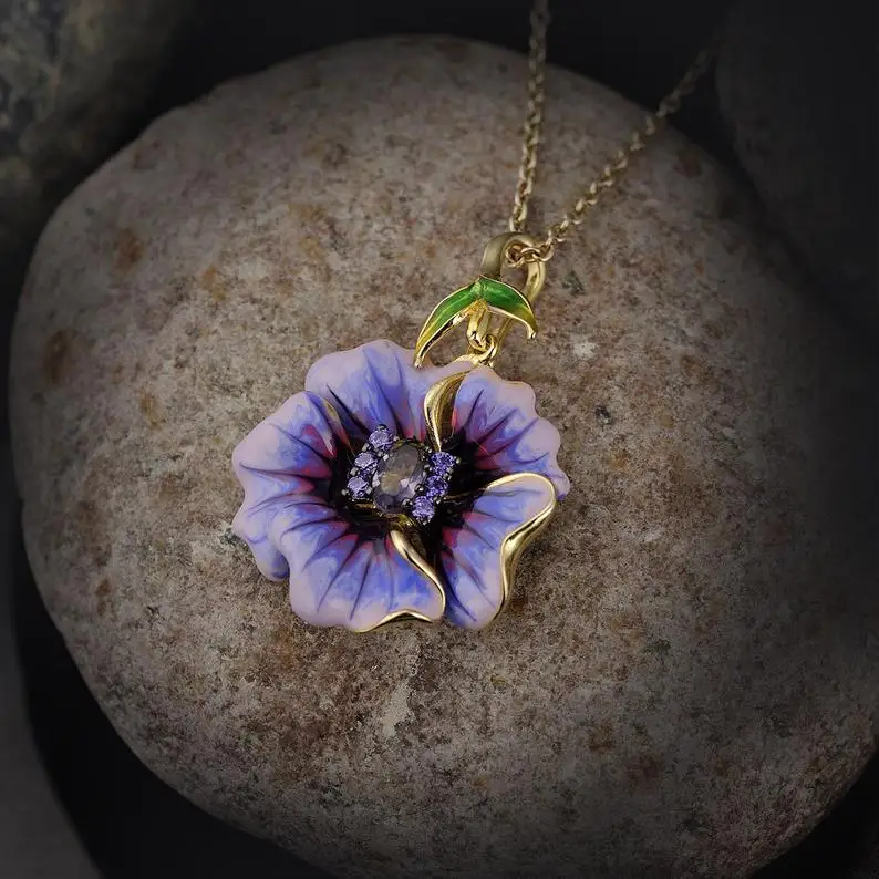 Женский элегантный благородный фиолетовый большой цветок Шарм Кулон ожерелье ручной работы кубического циркония желтого золота ключицы цепи свитер ожерелье