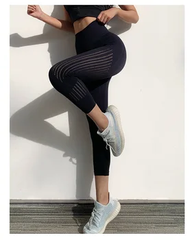 

Black Seamless Sport Leggings Women Cropped Yoga Pants Capris Hollow Out Running Trousers Crop Gym Leggins Woman Fitness Tight