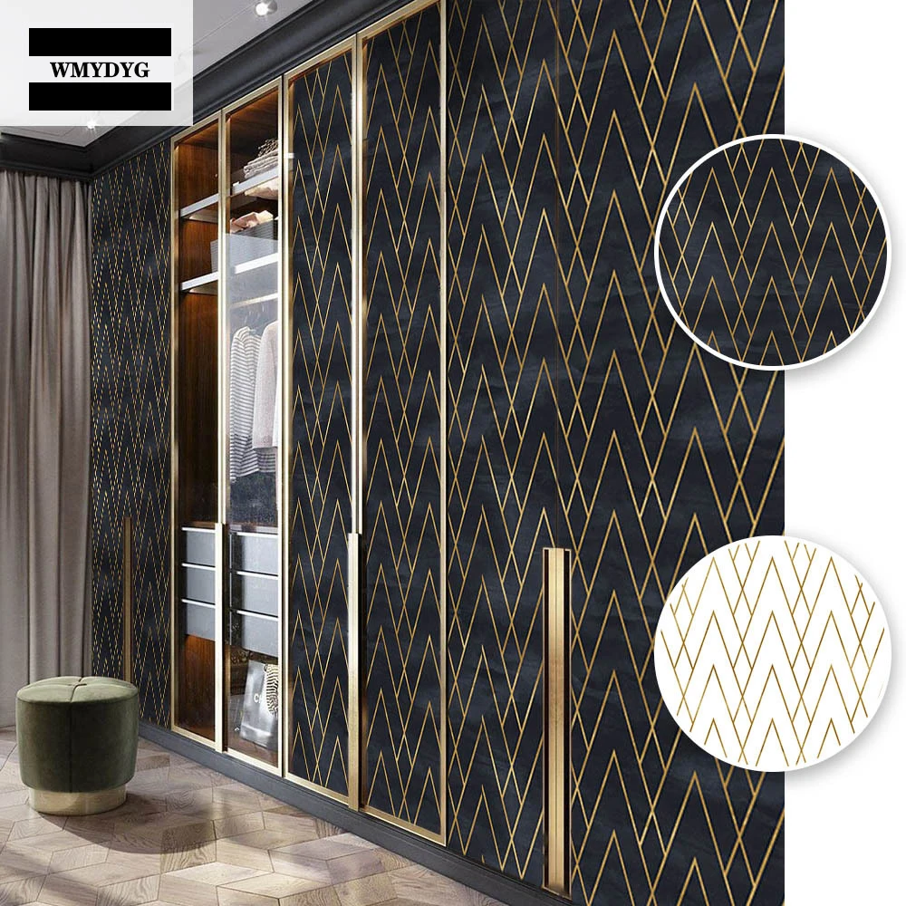 Black Gold Self Adhesive Wallpaper Peel and Stick Geometric Contact Paper Bedroom Wall Renovation Furniture Stickers beibehang 3d solid black wood stickers thickening self adhesive wallpaper old furniture wardrobe desk renovation foil wallpaper