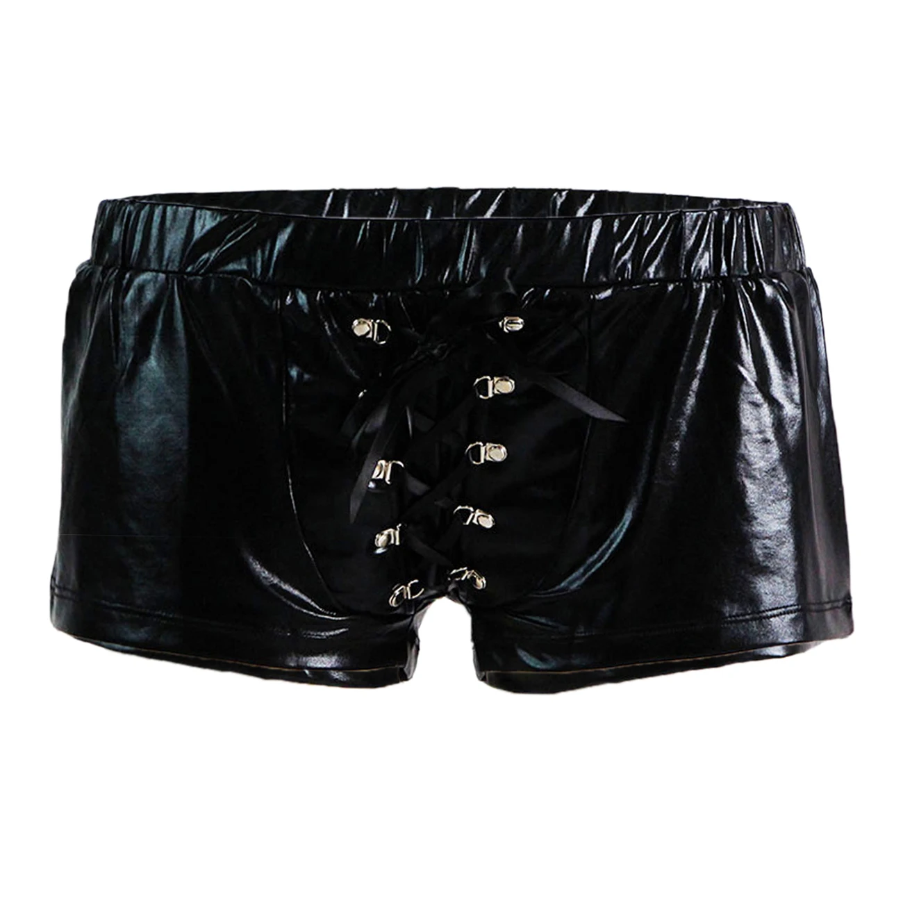 Sexy Men Boxer Short Fetish Underwear Panties Shiny Patent Leather Exotic Drawstring Metallic Boxer Shorts Swimwear Beach