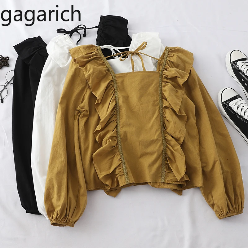 

Gagarich Women Blouse Spring Autumn Sweet Ruffles Square Collar Long Sleeve Tops Korean Casual Loose Lace Up Solid Shirts 2020