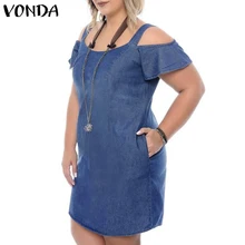 VONDA, женское джинсовое платье размера плюс,, Летний джинсовый сарафан, сексуальный, короткий рукав, с открытыми плечами, мини платье, повседневное, с оборками, Vestidos
