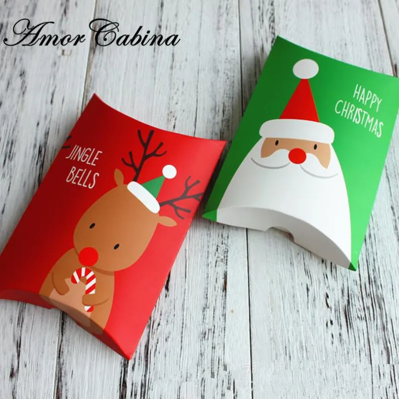 

30pcs Christmas Party Gift Box Green Pillow Shape Christmas Child Party Candy Box Red Paper Cookie Box Christmas Gift Bag