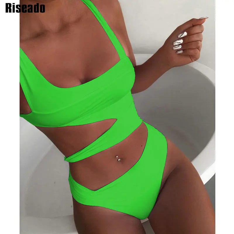 

Riseado 2020 Cut Out Swimsuits One Piece Sexy Push Up Swimwear Solid Bathing Suits Women Green Summer Beach Wear Bathers