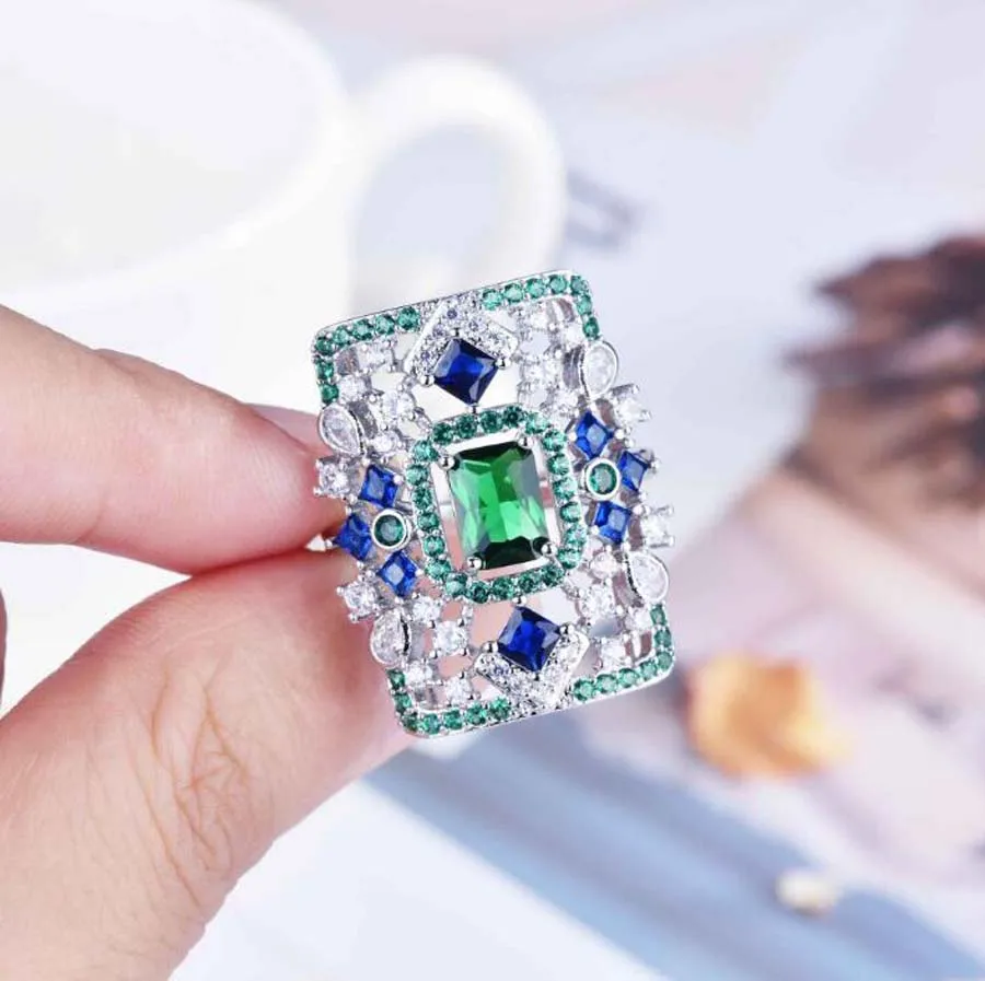 Открытое кольцо Стразы зеленого и синего цвета ArtDeco новое модное винтажное