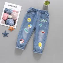 Детские джинсы осенняя одежда повседневные узкие брюки с потертостями для мальчиков и девочек, с пятиконечной звездой, со смайликом