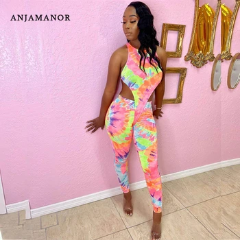 

ANJAMANOR Sexy Tie Dye Two Piece Set Women Summer Clothes Bodysuit Leggings Spandex Club Oufits Mujer Matching Pant Sets D74-AE5