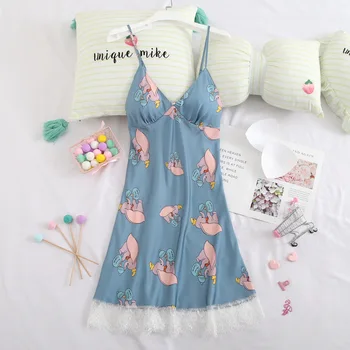 

Print Sleepwear Cute Girl's Nightgown Thin Suspender Skirt Nightwear Sweety V-neck Nightie Sleeveless Nightdress Loose Negligee