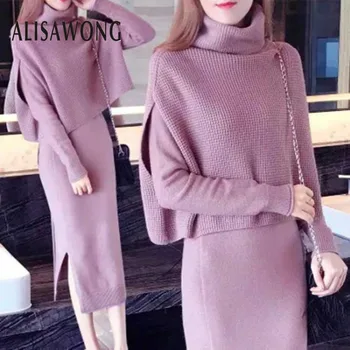 

Autumn Winter Fashion Women Knitted Set 2019 Long Sleeve Sweater Dress+turtleneck Knit Top Elegant Woman 2 Pieces Sets Outfits
