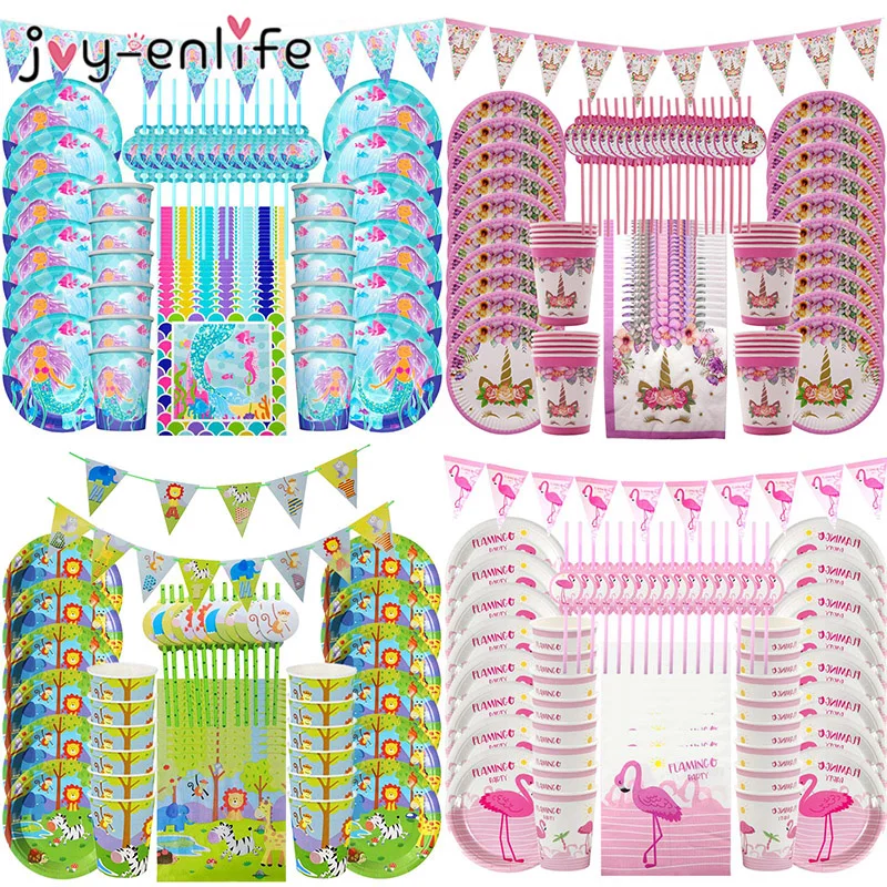 

1set Birthday Disposable Tableware Sets Unicorn Animal Mermaid Party Paper Cup Plate Children Birthday Party Decoration Supplies