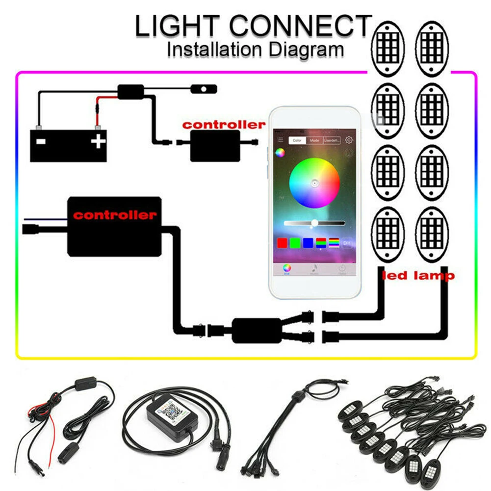 

8Pcs LED RGB Underbody Light Bluetooth Wireless Rock Lamp Off-Road Truck Boat
