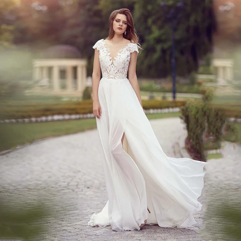 Eightree vestido de novia Модное шифоновое платье принцессы; обувь под свадебное платье для невесты пляжные Совок с боковыми Свадебное Платье Иллюзия Свадебные платья с глубоким вырезом на спине